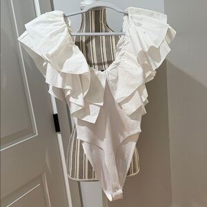 Zara White Tiered Ruffled and Ribbed Bodysuit